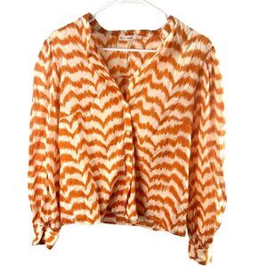 MNG Orange & White Zigzag Button-Up Long-Sleeve Cotton Blouse NWOT Sz M